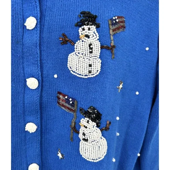 STORYBOOK KNITS AMERICAN SNOWMEN SEQUIN BEAD SNOWMAN FLAG GRANNY CORE CARDIGAN - Picture 2 of 7